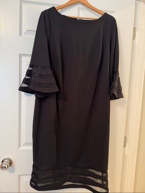 Calvin Klein Black Midi Shift Dress with Tiered Mesh Sleeves